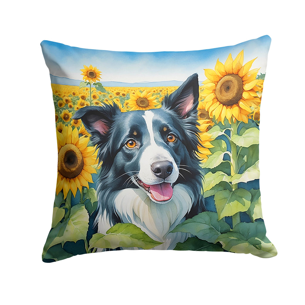 Border Collie in Sunflowers Throw Pillow-0