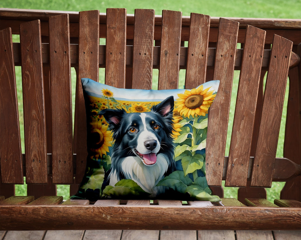 Border Collie in Sunflowers Throw Pillow-1