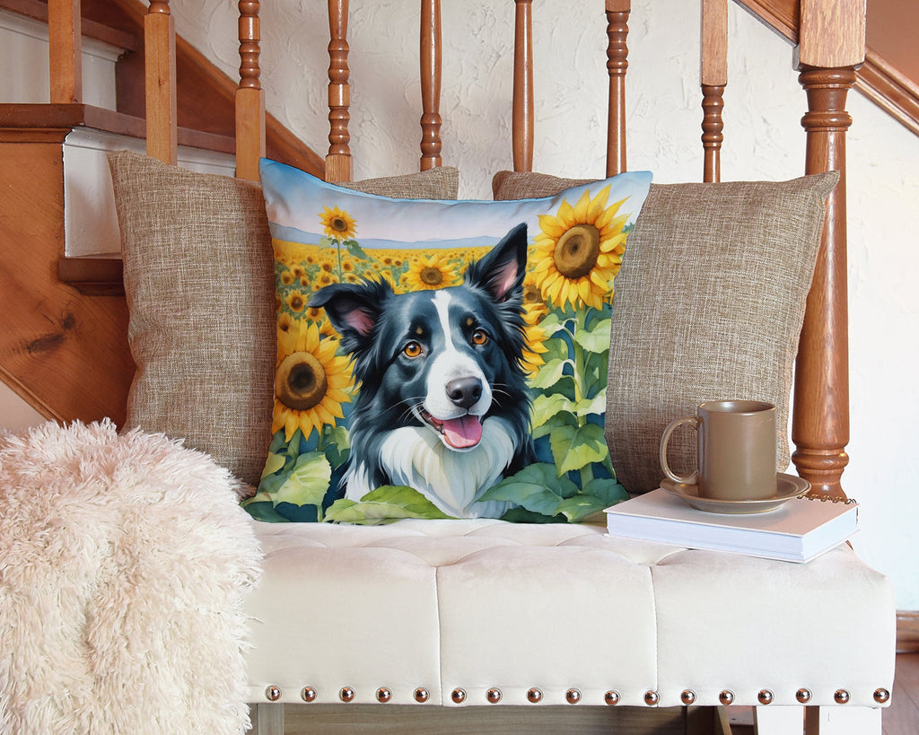 Border Collie in Sunflowers Throw Pillow-2