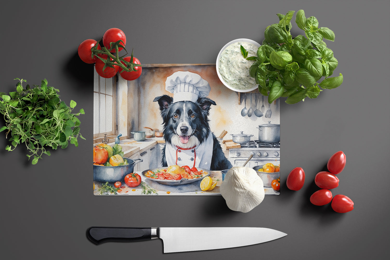 Border Collie The Chef Glass Cutting Board-2