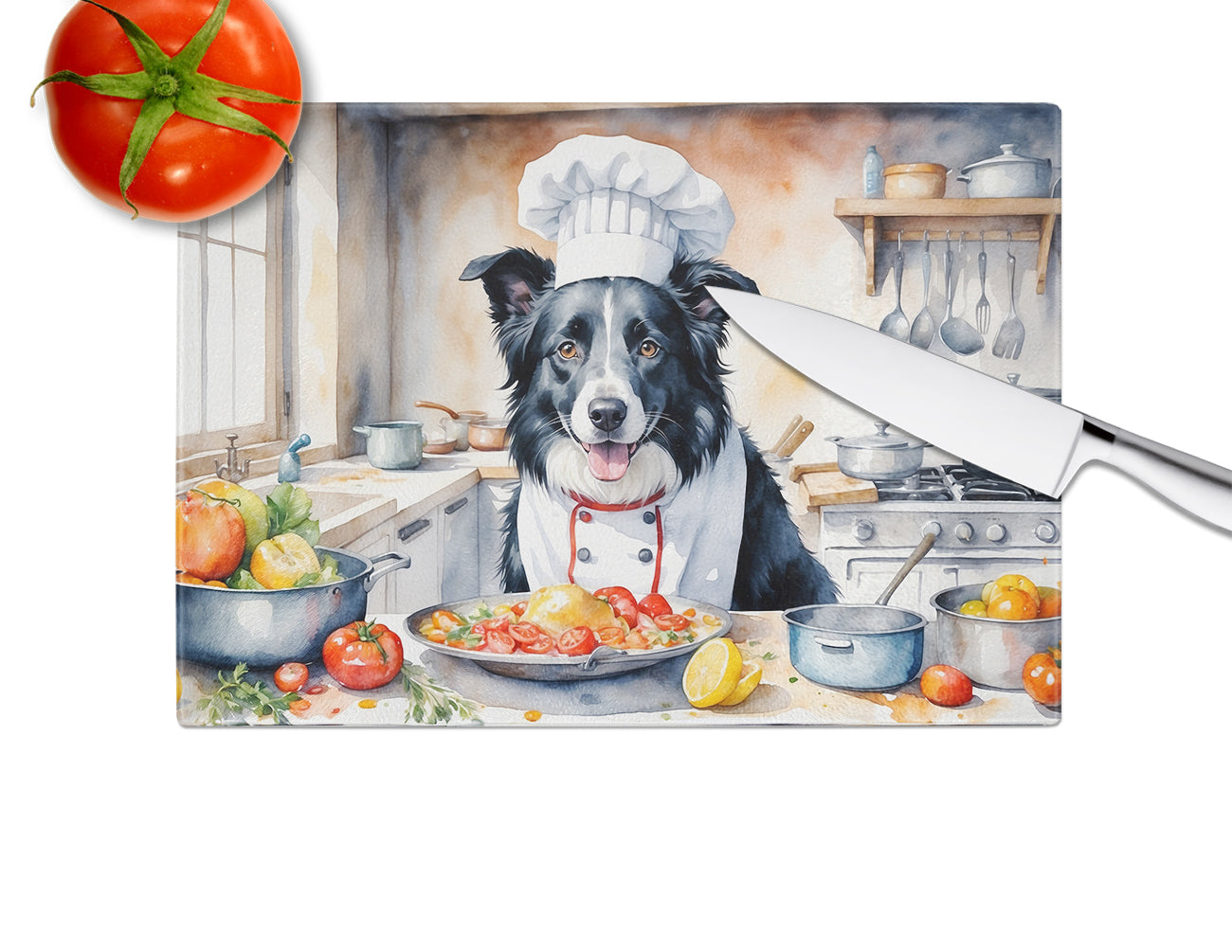 Border Collie The Chef Glass Cutting Board-3
