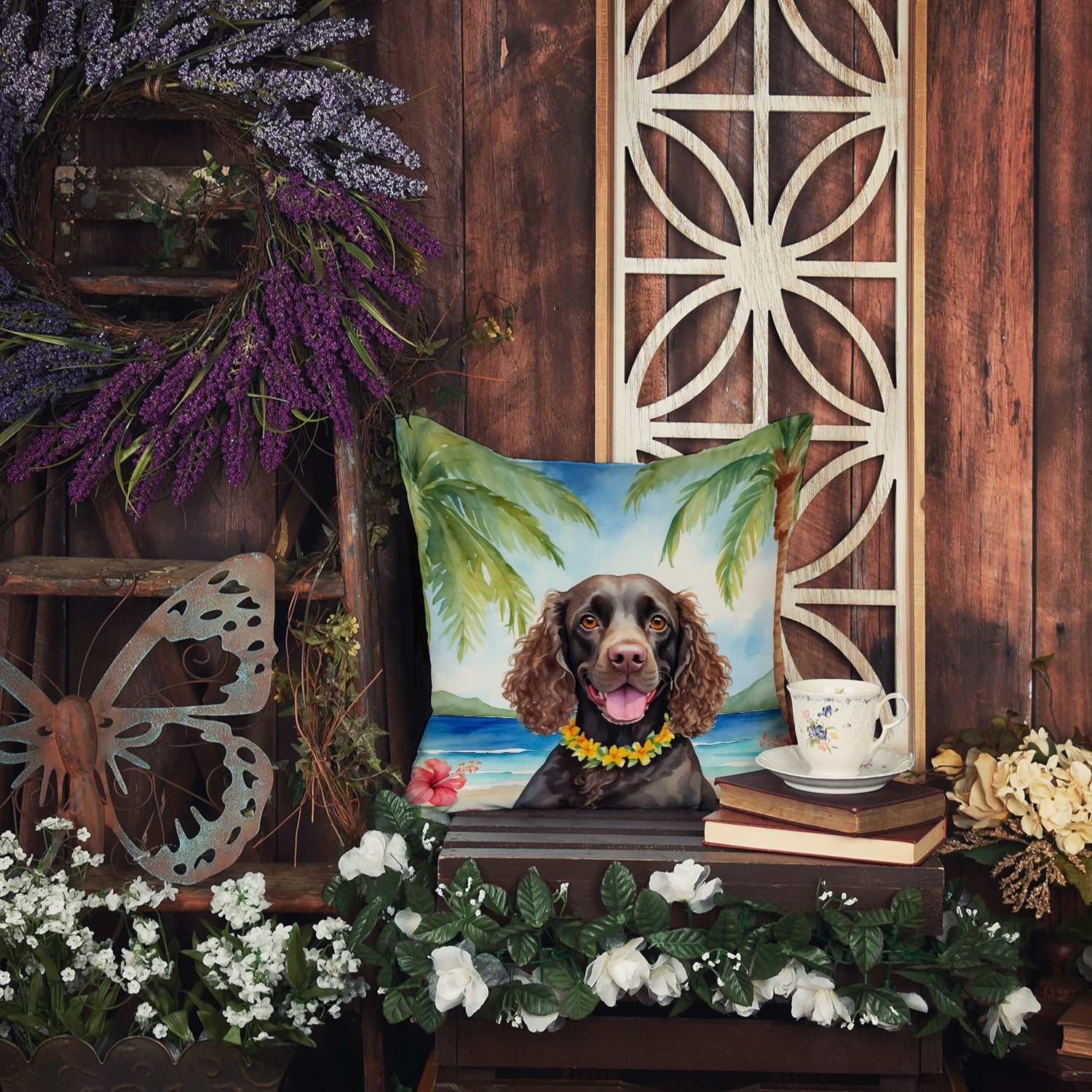 American Water Spaniel Luau Throw Pillow-4