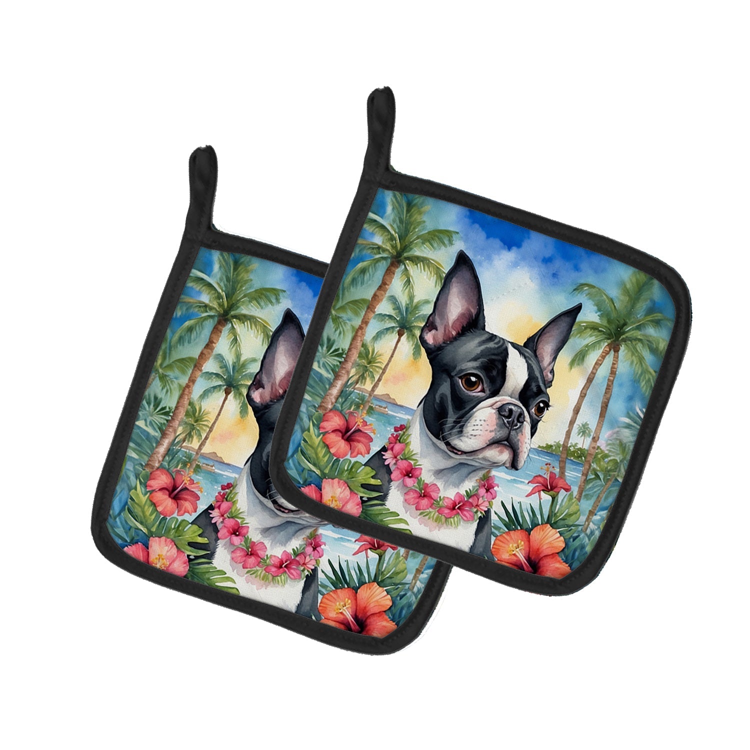 Boston Terrier Luau Pair of Pot Holders-0