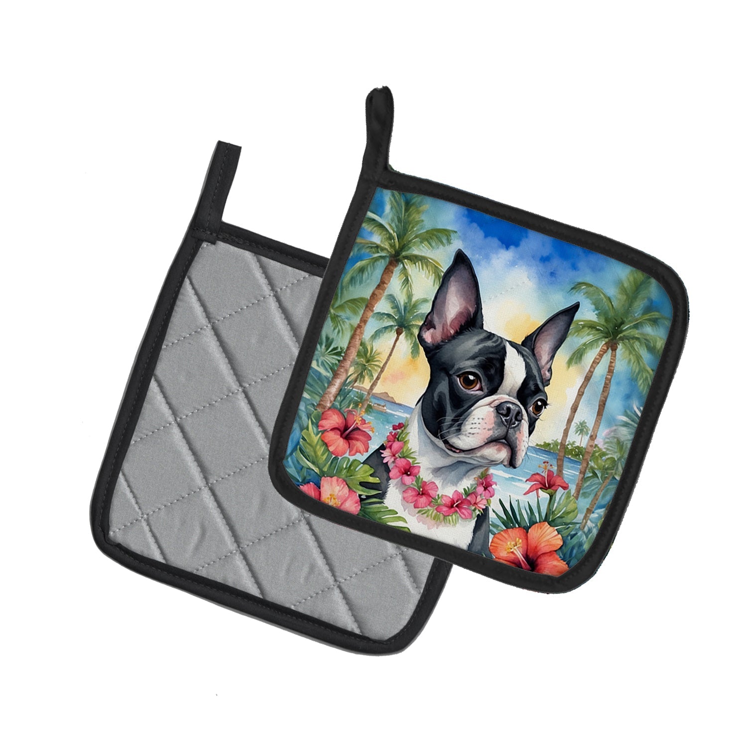Boston Terrier Luau Pair of Pot Holders-1