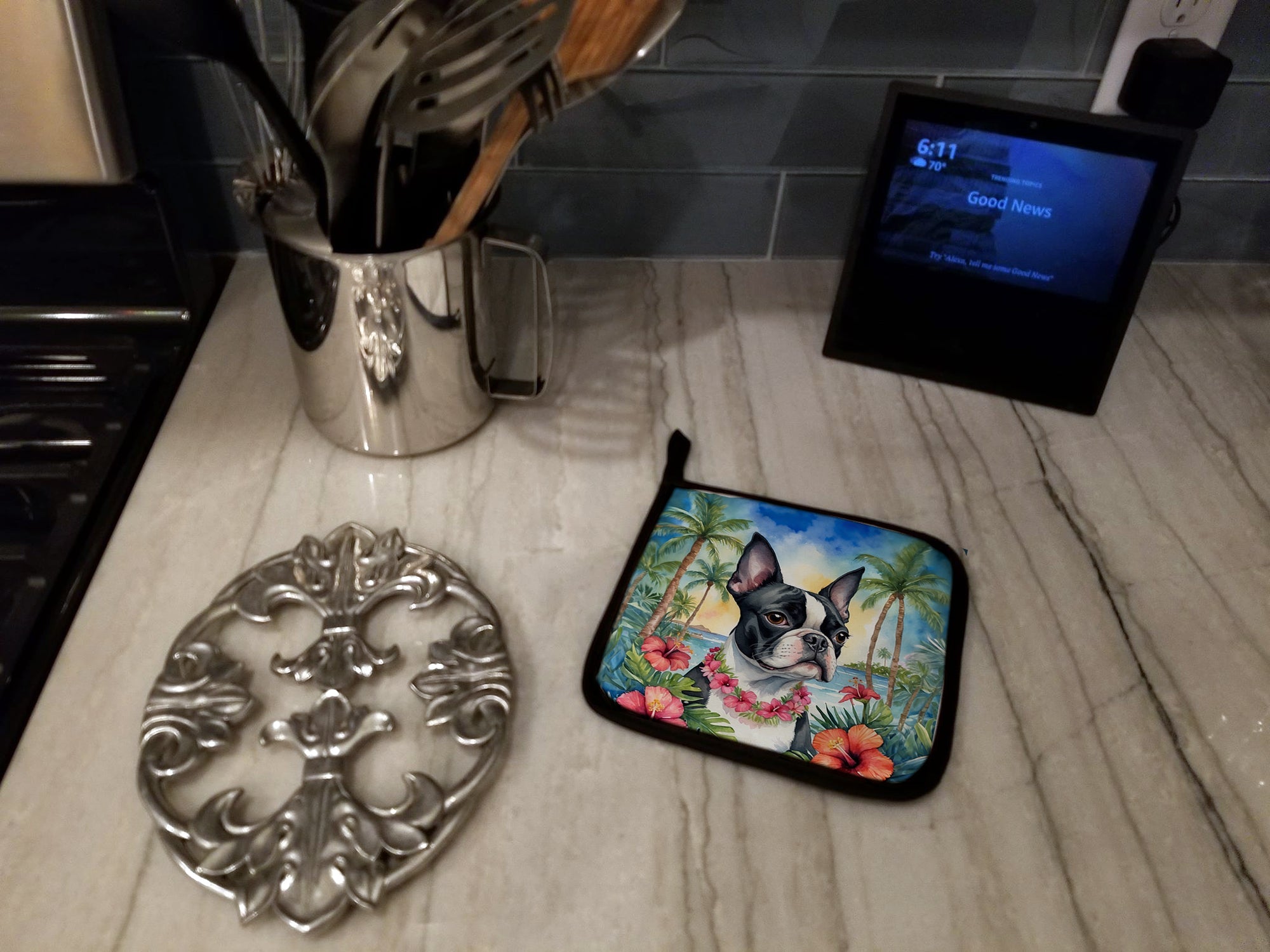 Boston Terrier Luau Pair of Pot Holders-3