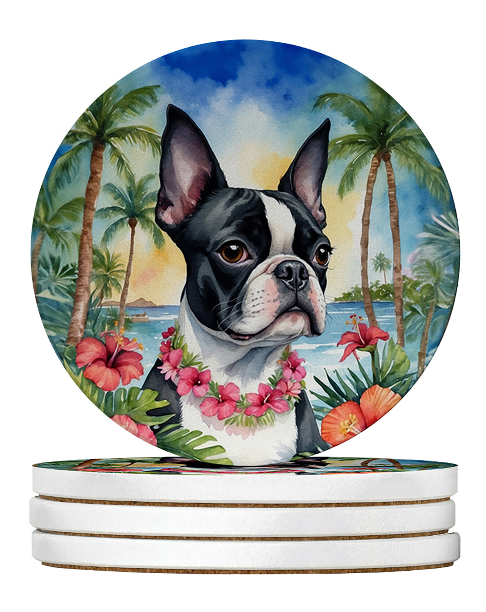 Boston Terrier Luau Large Sandstone Coasters Pack of 4