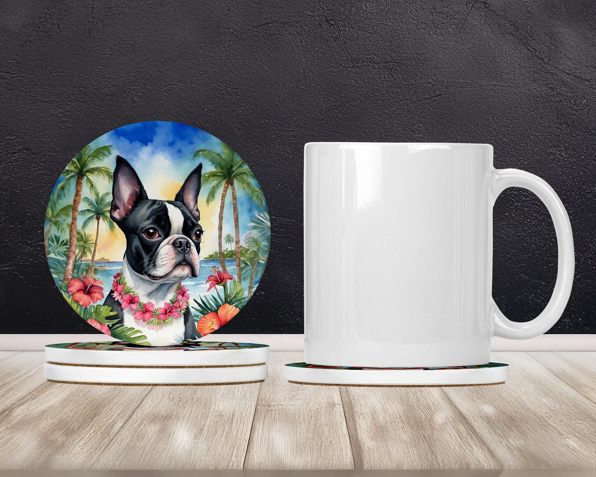 Boston Terrier Luau Large Sandstone Coasters Pack of 4