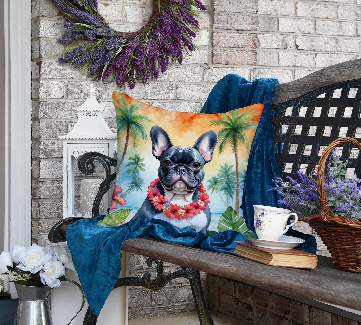 French Bulldog Luau Throw Pillow-3