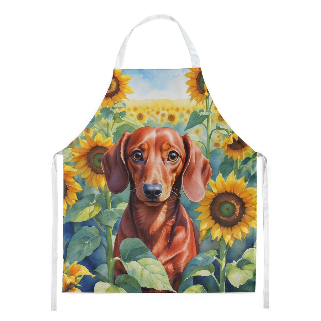 Weiner dog in sunflowers apron