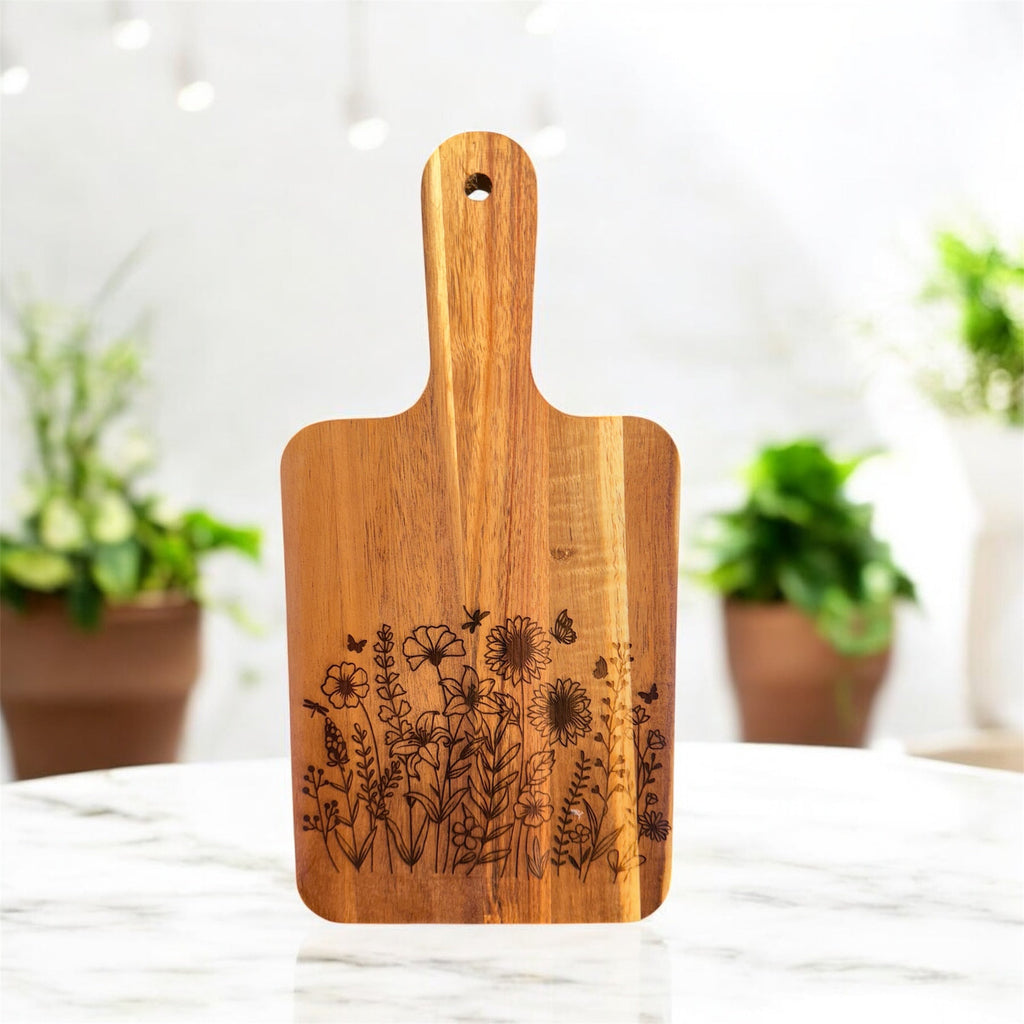 Flower Cutting Board,  Acacia Cutting Board, Engraved Cutting Board