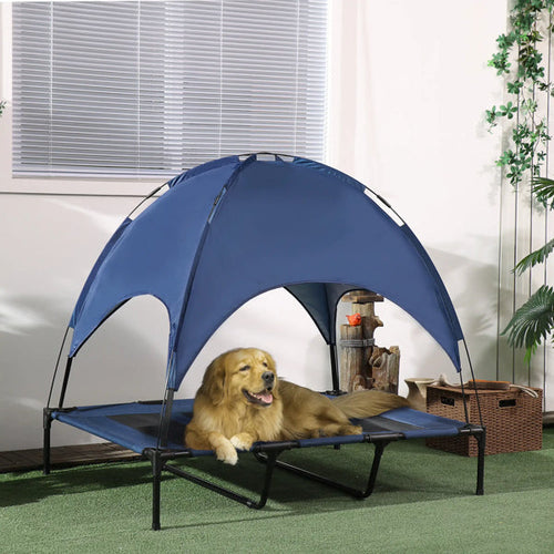 Dog on cooling pet bed with canopy